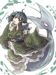  blue_eyes blue_hair breasts drill_hair full_body hand_to_own_mouth head_fins japanese_clothes kimono large_breasts mermaid monster_girl namuko solo touhou wakasagihime wide_sleeves 