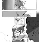  1girl caught closed_eyes coat comic eyebrows glasses greyscale hair_bun junkrat_(overwatch) kiss looking_at_another mei_(overwatch) monochrome mundal overwatch silent_comic thick_eyebrows tongue tongue_out winter_clothes winter_coat 