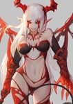  black_sclera breasts claws commentary_request cowboy_shot gods_(1073337800) grey_background grin highres horns large_breasts long_hair looking_at_viewer navel original pointy_ears red_eyes seven_deadly_sins simple_background slit_pupils smile solo white_hair wings 
