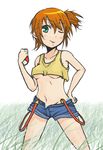  anzuu blush breasts dengeki!_pikachu denim denim_shorts green_eyes kasumi_(pokemon) navel panties pokemon short_hair shorts side_ponytail solo suspenders underwear 
