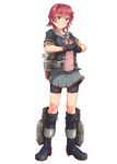  alternate_costume bike_shorts black_footwear boots commentary_request cracking_knuckles full_body grin kakiha_makoto kantai_collection kinu_(kantai_collection) knee_boots looking_at_viewer pink_shirt red_eyes red_hair remodel_(kantai_collection) school_uniform shirt short_hair simple_background skirt smile solo standing white_background 