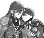  ^_^ arm_around_shoulder closed_eyes earrings furutachirikonbu greyscale horikawa_kunihiro izumi-no-kami_kanesada jewelry male_focus monochrome multiple_boys open_mouth smile stud_earrings touken_ranbu upper_body 