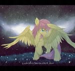  cyan_eyes equine feathered_wings feathers female feral fluttershy_(mlp) friendship_is_magic fur hair hooves horse long_hair loukaina mammal my_little_pony night outside pegasus pink_hair pony sky smile solo standing star wings yellow_feathers 
