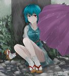  absurdres against_tree blue_dress blue_hair breasts bush closed_mouth crying crying_with_eyes_open dress frown full_body geta heterochromia highres karakasa_obake knees_up long_sleeves looking_at_viewer looking_to_the_side medium_breasts nature open_eyes outdoors pan-ooh plant rain short_hair sitting sitting_on_ground socks solo tabi tatara_kogasa tears thighs touhou tree umbrella water wet wet_clothes white_legwear yokozuwari youkai 