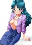  absurdres areolae bad_id bad_pixiv_id blue_eyes blush breasts go!_princess_precure green_hair highres jewelry kaidou_minami long_hair medium_breasts navel necklace no_bra open_clothes open_shirt pearl_necklace precure sharumon shirt sitting skirt smile solo 