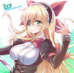  bad_id bad_pixiv_id big_wednesday blonde_hair bow character_name copyright_name eyepatch flower_knight_girl green_eyes hair_bow hairband ivy_(flower_knight_girl) juliet_sleeves long_hair long_sleeves looking_at_viewer print_eyepatch puffy_sleeves red_bow smile solo underbust upper_body 