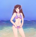  beach brown_eyes brown_hair bunny cowboy_shot d.va_(overwatch) day hips long_hair navel outdoors overwatch shore solo svveet swimsuit thighs water whisker_markings 