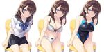  bare_shoulders black_skirt blue_eyes blush bow bow_bra bow_panties bowtie bra breasts brown_hair chair cleavage collarbone competition_swimsuit covered_navel eyebrows eyebrows_visible_through_hair from_above hair_ornament hairclip highres long_hair looking_at_viewer medium_breasts miniskirt multiple_views nagayori navel one-piece_swimsuit original panties pleated_skirt polka_dot polka_dot_bra polka_dot_panties school_uniform serafuku shiny shiny_clothes shiny_hair shiny_skin short_sleeves sideboob simple_background sitting skin_tight skirt smile swimsuit thighs underwear underwear_only variations white_background white_bra white_panties 