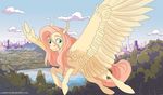  blue_eyes cloud day detailed_background equine feathered_wings feathers female feral fluttershy_(mlp) friendship_is_magic fur hair hooves horse long_hair loukaina mammal my_little_pony pegasus pink_hair pony sky smile solo wings yellow_feathers yellow_fur 