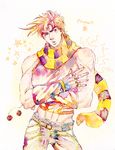  :o azumadori_tsugumi clacker contrapposto cowboy_shot crop_top fingerless_gloves gloves groin jojo_no_kimyou_na_bouken joseph_joestar_(young) male_focus midriff muscle pink_hair scarf signature solo sparkle standing star striped striped_scarf traditional_media twitter_username 