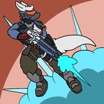  2016 aliasing anthro armor canine clothed clothing dog explosion eyewear goggles gun helmet male mammal pants ranged_weapon shirt simple_background soldier_76_(overwatch) solo trout_(artist) video_games weapon 