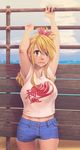  armpits blonde_hair breasts brown_eyes denim denim_shorts fairy_tail highres long_hair looking_at_viewer lucy_heartfilia medium_breasts midriff navel short_shorts shorts solo soumakyo thighs 