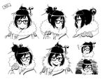  1girl beads black-framed_eyewear blush character_name closed_eyes coat flying_sweatdrops from_side fur-trimmed_jacket fur_coat fur_trim glasses gloves greyscale hair_bun hair_ornament hair_stick head_tilt hwansang jacket looking_at_viewer looking_back mei_(overwatch) monochrome open_mouth overwatch parka profile short_hair sidelocks smile snowflake_hair_ornament solo surprised trembling upper_body winter_clothes winter_coat 