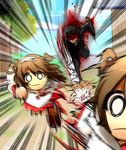  1girl angry black_hair comic doudanuki_masakuni fleeing hairband honchu japanese_clothes little_girl_saniwa_(touken_ranbu) long_hair miko running saniko_(honchu) saniwa_(touken_ranbu) touken_ranbu track_suit two_side_up 