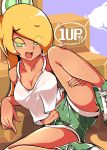 1girl 1up blonde_hair blush breasts cleavage collarbone eyebrows_visible_through_hair gokuu_(acoloredpencil) green_eyes green_footwear hand_on_own_thigh highres koopa_troopa long_hair mario_(series) medium_breasts midriff navel nintendo open_mouth personification seductive_smile shoes short_shorts shorts sitting sleeveless smile sneakers solo speech_bubble spread_legs straight_hair tank_top thigh_grab 