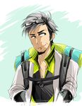  artist_name bag beard black_hair eleflocked eyewear_on_head facial_hair glasses grey_hair male_focus multicolored_hair pokemon pokemon_(game) pokemon_go solo two-tone_hair willow_(pokemon) 