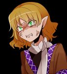  anger_vein angry blonde_hair clenched_teeth commentary_request fukurahagi_uomaru green_eyes japanese_clothes looking_away mizuhashi_parsee pointy_ears shaded_face short_hair solo teeth touhou upper_body 