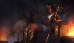  braid brazier cougar_(animal) crown egyptian_clothes fire league_of_legends midriff nidalee official_art pharaoh_nidalee polearm spear throne weapon 
