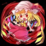  :d ascot blonde_hair blush chibi commentary_request crystal dress flandre_scarlet fukurahagi_uomaru full_body hat hat_ribbon looking_at_viewer mary_janes mob_cap open_mouth orange_eyes puffy_short_sleeves puffy_sleeves red_dress red_footwear red_ribbon ribbon shoes short_sleeves side_ponytail smile solo touhou wings 