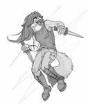  5_fingers anthro armpits boots c3rmen canine clothing female footwear fur greyscale hair knife long_hair mammal melee_weapon monochrome open_mouth pants shirt simple_background solo teeth tongue weapon white_background wolf 