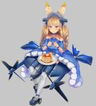  :&lt; aircraft airplane amane_(amane05lemon) bare_shoulders blonde_hair blue_footwear butter choker cockpit food fork grey_background hair_ornament knife long_hair mecha_musume navy original pancake personification propeller purple_eyes shoes simple_background solo stack_of_pancakes syrup thighhighs tray twintails white_legwear world_war_ii xf5u 