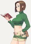  belt belt_pouch book breasts brown_hair commentary_request crop_top fingernails glasses green_eyes green_sweater hand_on_hip holding holding_book kamo_kamen large_breasts long_fingernails long_sleeves loose_belt midriff mimoza_lorange navel pouch ribbed_sweater short_hair shorts simple_background smile solo summon_night summon_night_2 sweater turtleneck white_background 