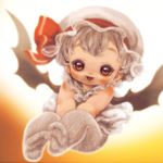  baby dress hat midair mob_cap red_eyes remilia_scarlet short_hair silver_hair sleeveless smile socks solo souri touhou wings younger 
