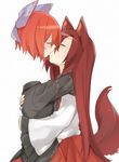  akagashi_hagane animal_ears black_shirt blue_bow bow brown_hair closed_eyes commentary_request couple disembodied_head dress hair_bow height_difference hug imaizumi_kagerou kiss long_hair long_sleeves multiple_girls red_hair sekibanki shirt short_hair simple_background tail touhou white_background wide_sleeves wolf_ears wolf_tail yuri 