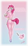  2016 anthro anthrofied apron blush bowl butt clothing cum cum_eating cum_in_ass cum_inside cutie_mark earth_pony english_text equine eyes_closed female footwear friendship_is_magic hair hi_res high_heels horse looking_at_viewer mammal my_little_pony naked_apron pink_hair pink_skin pinkie_pie_(mlp) pony seriousb solo text 