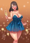  :d alcohol bangs bare_shoulders blue_dress blush breasts brown_background brown_hair champagne champagne_flute cleavage crossed_legs cup dated dress drinking_glass drunk head_tilt holding holding_cup large_breasts light_particles long_hair looking_at_viewer mole mole_on_breast morimoto_chio nose_blush open_mouth original purple_eyes sash short_dress sideboob signature smile solo strapless strapless_dress thick_thighs thighs zheng 