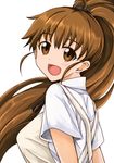  :d ahoge apron breasts brown_eyes brown_hair high_ponytail kishirotou large_breasts long_hair looking_at_viewer looking_back open_mouth ponytail short_sleeves simple_background smile solo taneshima_popura upper_body waitress white_background working!! 