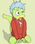  2016 anthro blue_hair blush bukake chibi clothed clothing cum cum_covered cum_on_face cumshot cute eyes_closed girly hair hoodie male messy open_mouth orgasm radical_anthony reptile scalie simple_background snake solo vex_pierce 