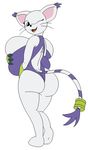  allrights big_breasts big_butt breast_grab breasts butt clothing digimon exposed_back fangs feline female fur gatomon gloves hand_on_breast long_tail looking_at_viewer lying mammal one_eye_closed sfrhk678 simple_background smile solo swimsuit whiskers white_background white_fur wink 