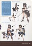  absurdres animal_hood aquaplus armor axe black_hair blue_eyes bou character_sheet concept_art dungeon_travelers_2 earrings grisherina_efleanor highres holding holding_weapon hood jewelry lineart long_hair looking_at_viewer multiple_views scan shield simple_background standing sword translation_request weapon 
