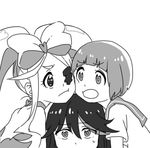  :t bow emuchi eyepatch greyscale hair_bow harime_nui heart jealous kill_la_kill mankanshoku_mako matoi_ryuuko monochrome multiple_girls open_mouth school_uniform short_hair sweat 