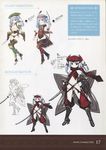  absurdres aquaplus blue_hair bou bow character_sheet concept_art dagger dungeon_travelers_2 elbow_gloves flat_chest gloves hat helmet highres holding lineart long_hair multiple_views ninja red_eyes sandals scan simple_background string_panties tabi thighhighs translation_request tsurara_(dungeon_travelers_2) weapon 