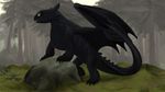  2015 black_scales claws dragon feral forest grass green_eyes how_to_train_your_dragon kodardragon male membranous_wings night_fury outside rock scales scalie smile solo teeth toothless tree wings 