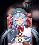  blue_hair blush bow closed_eyes gloves glowing glowing_eye hat long_hair ogami_kazuki open_mouth paper sennen_sensou_aigis smile solo_focus totono_(sennen_sensou_aigis) twintails upper_body 