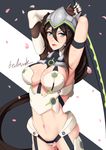  adapted_costume arm_strap armor artist_name bad_id bad_pixiv_id between_breasts blue_eyes bodysuit breastplate breasts bridal_gauntlets brown_hair cherry_blossoms cleavage cowboy_shot fedsnk garter_straps genderswap genderswap_(mtf) genji_(overwatch) groin harness highres holding holding_weapon katana large_breasts long_hair midriff navel overwatch solo sword turtleneck very_long_hair weapon 