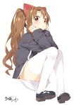  aloe_(quiz_magic_academy) blush brown_eyes brown_hair katou_itsuwa long_hair looking_at_viewer mary_janes quiz_magic_academy shoes simple_background sitting solo thighhighs twintails white_background white_legwear 