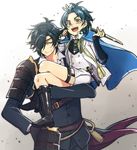  :d armor black_gloves black_hair blue_hair boots cape carrying eyepatch feathers gloves hair_feathers japanese_armor male_focus multiple_boys open_mouth samosuke shokudaikiri_mitsutada shorts shoulder_armor smile sode sword taikogane_sadamune tantou touken_ranbu v-shaped_eyebrows weapon yellow_eyes 