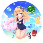 anklet ball bangs beachball blonde_hair blush bracelet bucket cagliostro_(granblue_fantasy) collar commentary_request food fruit granblue_fantasy hair_ribbon hairband high_heels innertube jewelry long_hair looking_at_viewer name_tag one-piece_swimsuit open_mouth paw_pose purple_eyes ribbon rubber_duck school_swimsuit show_(rinnetenshow) smile solo swimsuit watermelon 