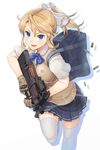  :d bag blonde_girl_(itou) blonde_hair blue_eyes bow bullpup gloves gun hair_bow highres holding itou_(onsoku_tassha) long_hair looking_at_viewer open_mouth original p90 pleated_skirt ponytail running school_bag school_uniform shell_casing simple_background skirt smile smoke solo submachine_gun sweater_vest thighhighs v-shaped_eyebrows weapon white_background white_legwear zettai_ryouiki 