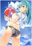  ass ball beachball bikini bikini_bottom black_bikini blue_sky breasts byte_(allbyte) cloud day green_hair hair_ornament hairclip highres kantai_collection large_breasts long_hair looking_at_viewer looking_back shirt side-tie_bikini sky solo suzuya_(kantai_collection) swimsuit tareme tied_shirt yellow_eyes 