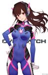 animal_print armor bad_id bad_pixiv_id bangs bodysuit bracer breasts brown_eyes brown_hair bunny_print closed_mouth copyright_name covered_navel cowboy_shot d.va_(overwatch) eyelashes facepaint facial_mark gloves hand_on_hip headphones high_collar highres lips lipstick long_hair looking_at_viewer makeup medium_breasts overwatch pauldrons pilot_suit pururu_(rurucatnya) ribbed_bodysuit shoulder_pads simple_background skin_tight solo thigh_strap turtleneck twitter_username whisker_markings white_background white_gloves 