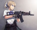  aks-74u assault_rifle blonde_girl_(itou) blonde_hair blue_eyes clothes_around_waist gloves gun highres itou_(onsoku_tassha) long_hair magazine_(weapon) original ponytail reloading rifle school_uniform skirt solo submachine_gun sweater_around_waist weapon 