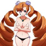  1girl arcana_heart bare_shoulders breasts colorfag covering_breasts drill_hair earrings hair_flower hair_ornament jewelry necklace orange_hair panties petra_johanna_lagerkvist purple_eyes shiny_skin solo twin_drills underwear very_long_hair 