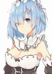  blue_eyes blue_hair breasts detached_sleeves frills hair_ornament hair_over_one_eye hairband looking_at_viewer maid maid_headdress medium_breasts moonlaw re:zero_kara_hajimeru_isekai_seikatsu rem_(re:zero) ribbon short_hair simple_background solo upper_body white_background x_hair_ornament 