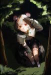  absurdres animal_ears capelet dutch_angle from_above full_body grey_hair heoningu highres jewelry long_sleeves looking_at_viewer mouse_ears nazrin necklace parted_lips red_eyes shirt short_hair sitting skirt skirt_set solo touhou tree_shade vest white_legwear 