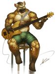  2016 5_fingers 5_toes abs anthro biceps brown_fur brown_hair brown_nipples chair claws clothed clothing digital_media_(artwork) electric_guitar front_view fur gloves_(marking) green_eyes guitar hair hi_res hyena inner_ear_fluff male mammal markings multicolored_fur muscular muscular_male musical_instrument nipples open_mouth pecs raccoon21 shorts signature simple_background sitting smile socks_(marking) solo spots spotted_hyena tan_fur teeth toe_claws toes topless white_background 